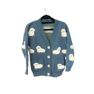 Sheep sweater cardigan women large knitted blue farm animal cottagecore novelty